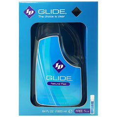 ID Glide Water-Based Lube 64 oz jug in blue retail box with free 1 fl oz sample