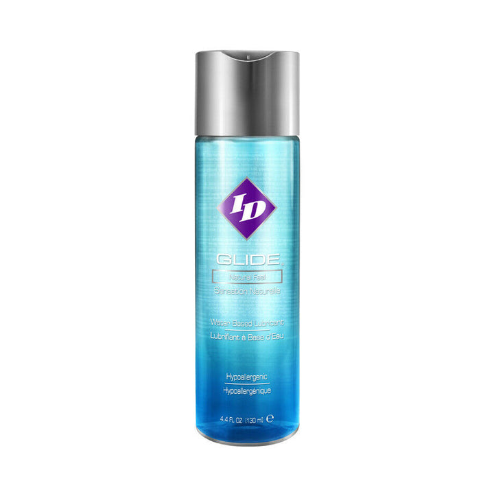 ID Glide water-based lubricant in a clear blue 4.4 oz bottle with silver pump cap