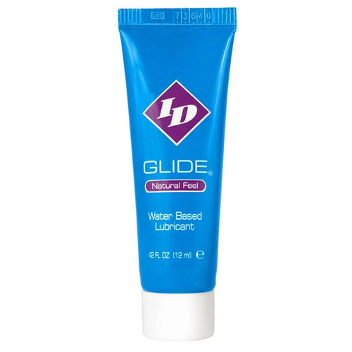 ID Glide water-based lubricant in a compact blue 12ml travel-size squeeze tube