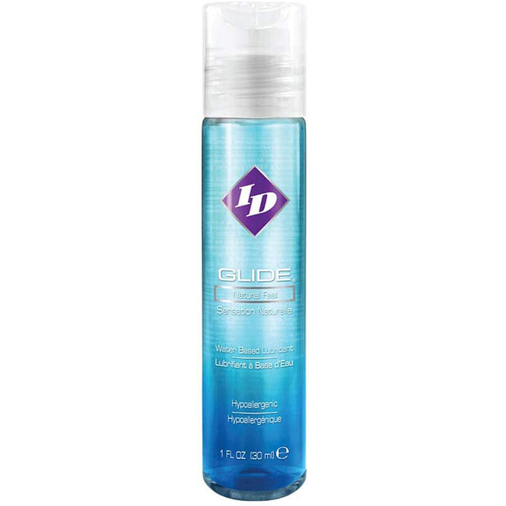 ID Glide water-based lubricant in a slim 1 oz pump bottle with blue tinted formula