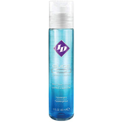 ID Glide water-based lubricant in a slim 1 oz pump bottle with blue tinted formula