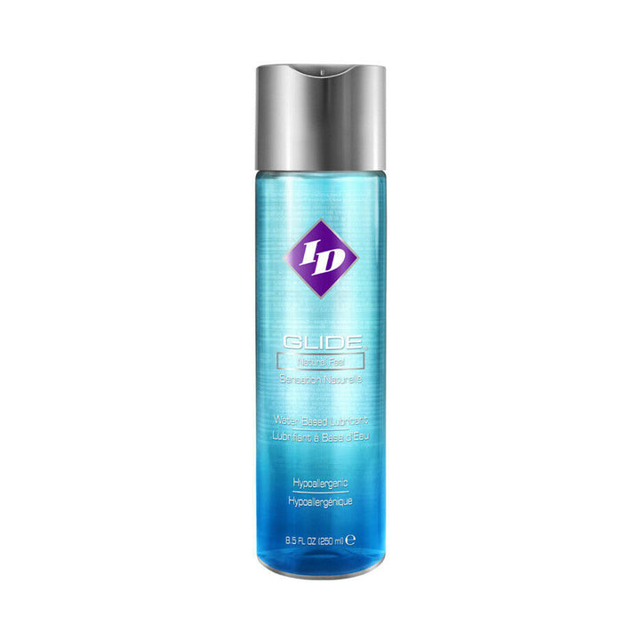 ID Glide water-based lubricant in a tall blue bottle with a silver flip-top cap, 8.5 oz