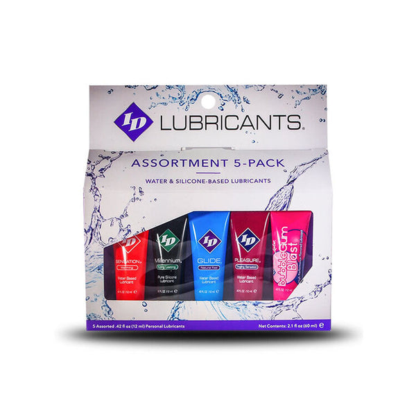 ID Lubricants Assortment 5-Pack showing five colorful water and silicone-based lubricant tubes