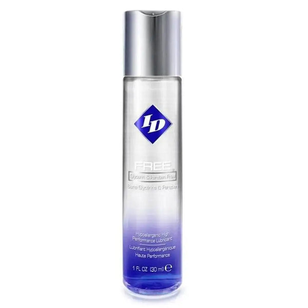 ID Free Water-Based Lubricant 1 oz in a clear bottle with a silver cap and blue label