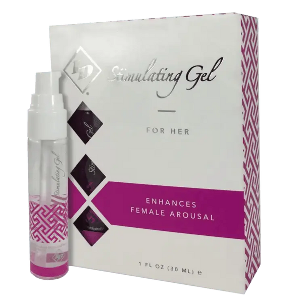 ID Stimulating Gel For Her in a clear 30ml pump bottle beside its white and pink box