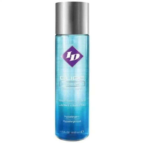 ID Glide Water-Based Lubricant 17 oz in a clear blue bottle with silver cap
