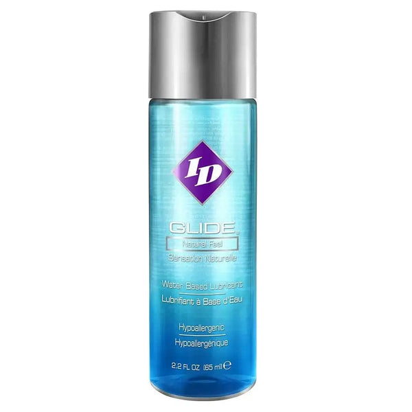 ID Glide Natural Feel water-based lubricant in a clear blue 2.2 oz flip-top bottle