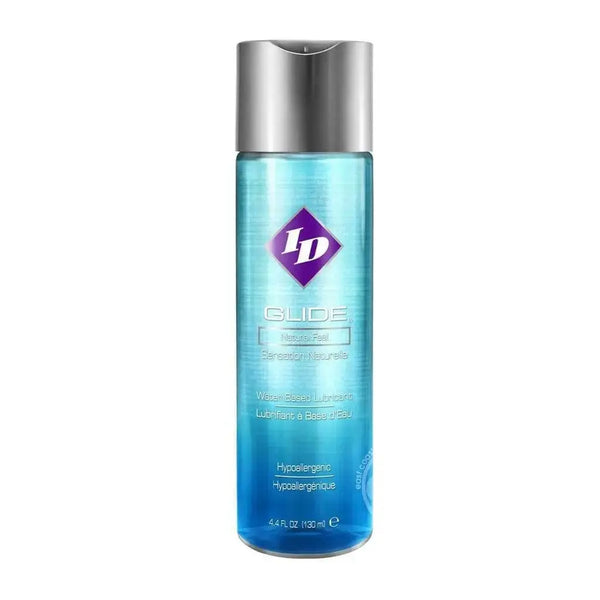 ID Glide Natural Feel water-based lubricant in a clear blue 4.4 oz bottle with silver cap
