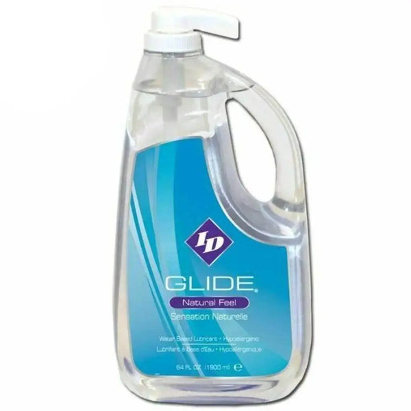 ID Glide Natural Feel 64 oz clear pump bottle with ergonomic handle and blue label