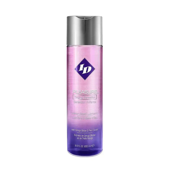 ID Pleasure Tingling Sensation Lubricant 8.5 oz bottle in pink-purple gradient with silver cap