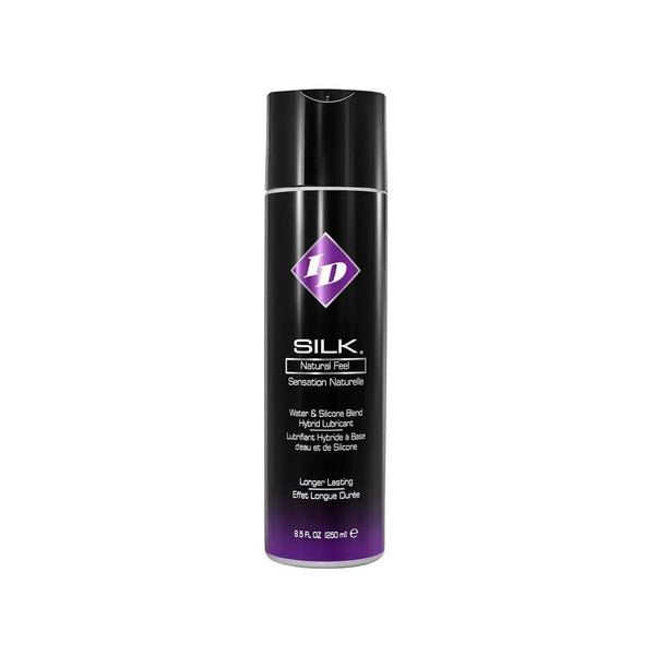 ID Silk Natural Feel hybrid lubricant in a sleek black 8.5 oz pump bottle