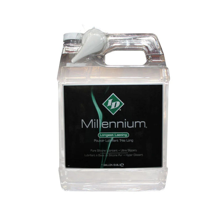 ID Millennium 1-gallon silicone lubricant in clear jug with black label and pump dispenser