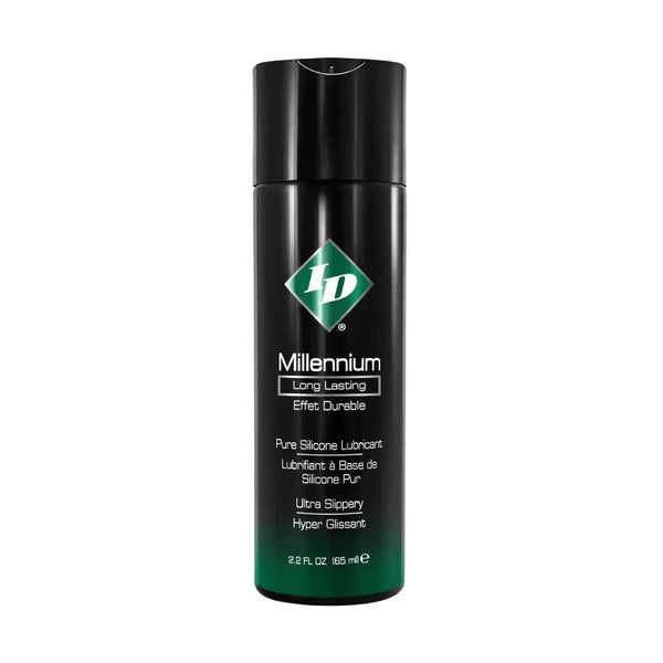 ID Millennium 2.2 oz sleek black bottle with green diamond logo, pure silicone lubricant