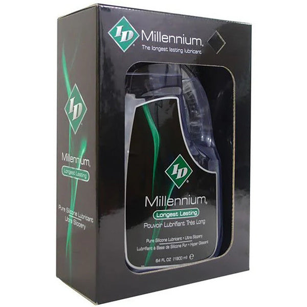 ID Millennium longest lasting silicone lubricant shown in its dark gift-style box