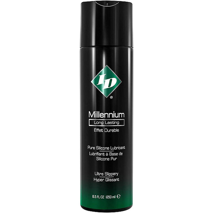 ID Millennium silicone lubricant in a tall black bottle with green label, 8.5 fl oz