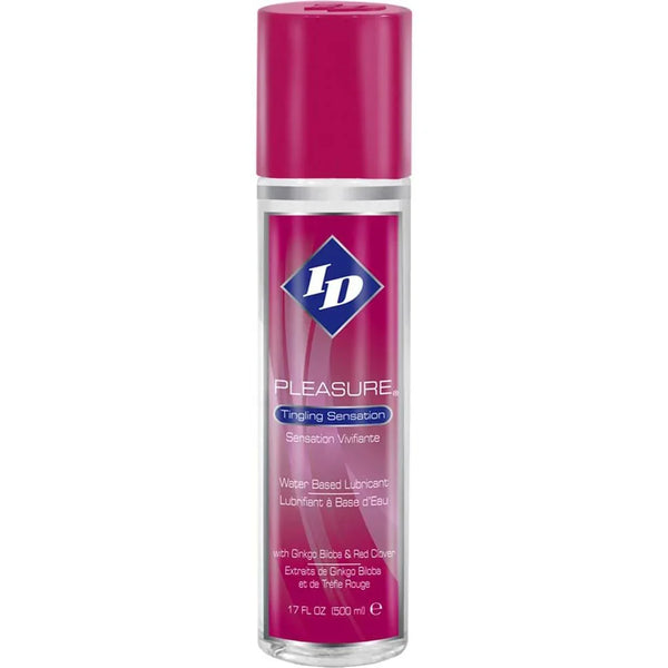 ID Pleasure Tingling Sensation lube back view, 17 oz clear bottle with bold pink cap and label