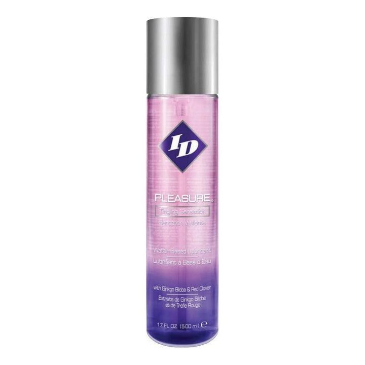 ID Pleasure Tingling Sensation water-based lubricant, 17 oz clear bottle with purple-pink gradient