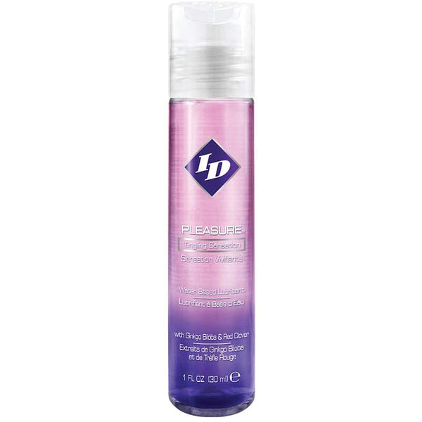 ID Pleasure Tingling Water-Based Lube in a clear pump bottle with purple-pink gradient label