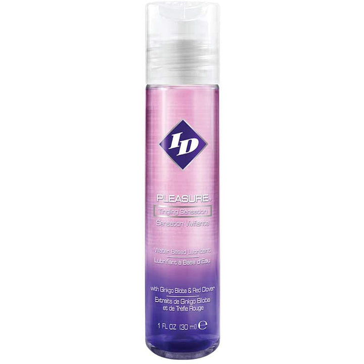 ID Pleasure Tingling Water-Based Lube in a clear pump bottle with purple-pink gradient label