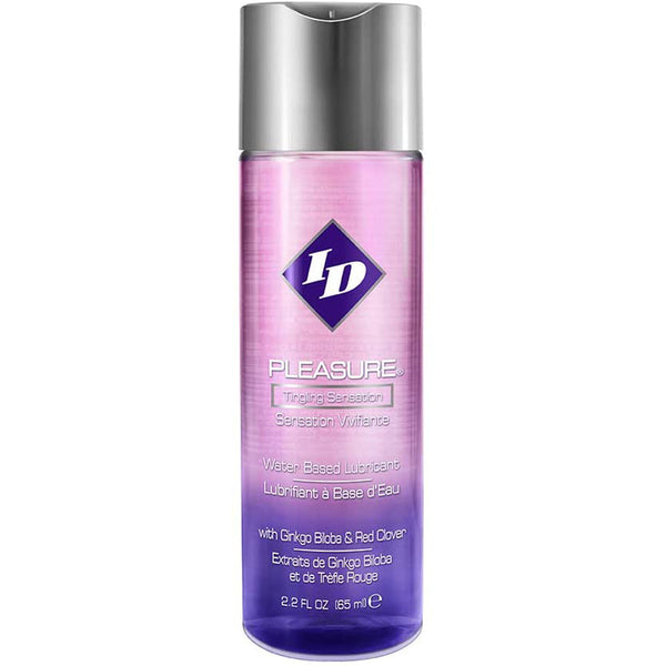 ID Pleasure Tingling Water-Based Lube in a purple gradient bottle with silver flip cap
