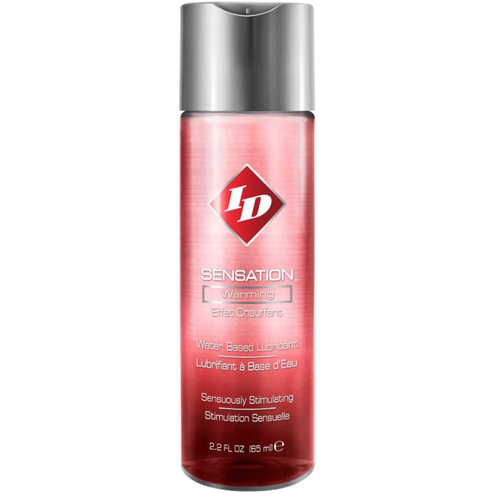 ID Sensation Warming Lubricant in a slim red bottle with a silver flip-top cap, 2.2 oz