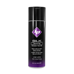 ID Silk 2.2oz sleek black bottle with purple diamond logo, water and silicone blend lubricant
