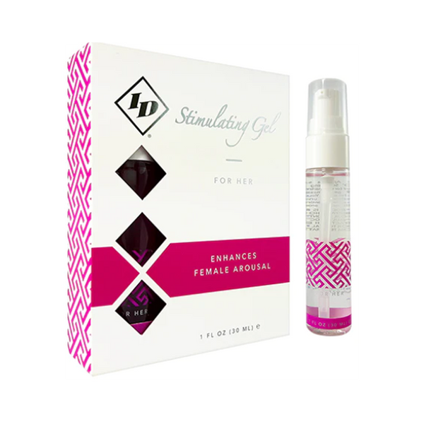 ID Stimulating Gel for Her box and 1oz pump bottle with pink geometric design