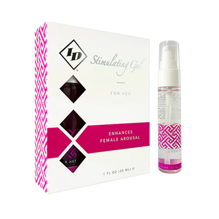 ID Stimulating Gel for Her box and 1oz pump bottle with pink geometric design