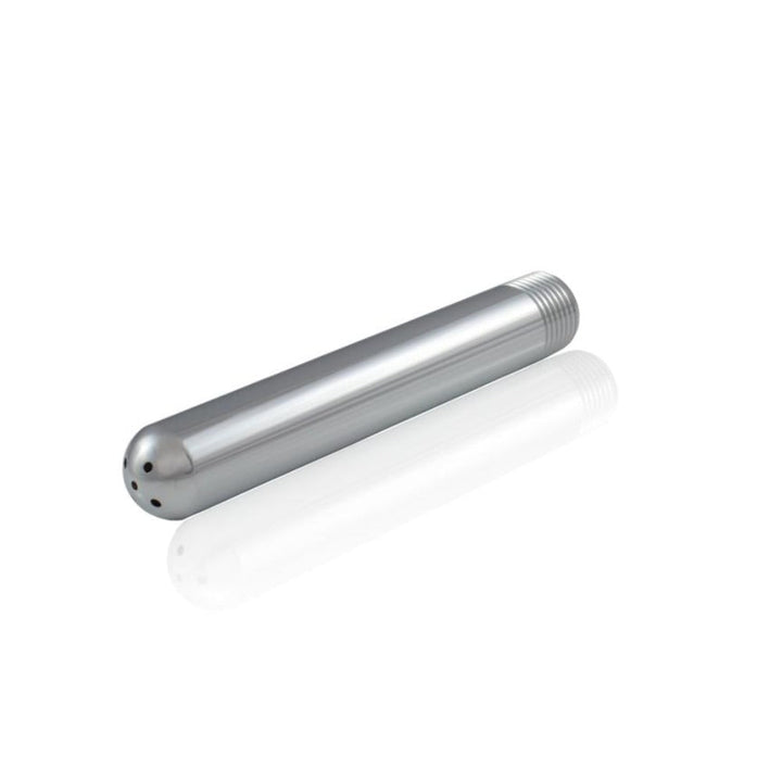 Ignite Large Metal Nozzle shown at an angle, smooth cylindrical silver aluminum body with small side holes