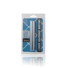 Ignite shower bidet nozzle displayed in blue-accented clamshell pack highlighting its durable metal construction