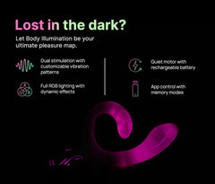 Illumination Rabbit Vibrator glowing pink in the dark, with dual stimulation and app control callouts