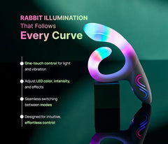 Illumination Rabbit Vibrator with RGB lighting on, listing one-touch control and adjustable LED modes