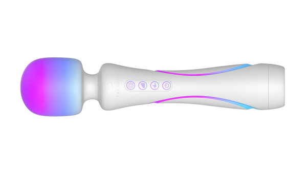 Illumination The Wand lying horizontally with purple-to-pink glowing head and blue body light