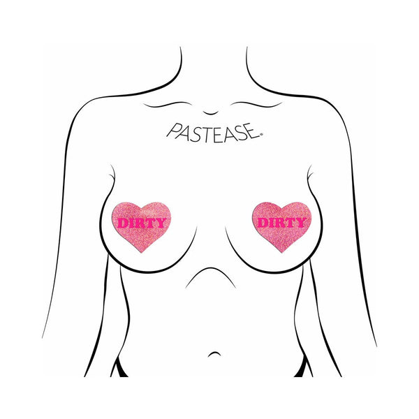 Illustrated fit guide showing pink glitter 'Dirty' heart pasties positioned on chest