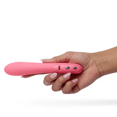 Close-up of ILY Wand control panel with two silver buttons on pink silicone body