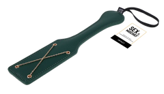 Indica Chain Impressions Paddle lying flat showing Sex & Mischief Impact tag and gold chain accent