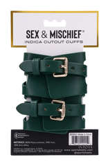 Indica Cutout Cuffs packaging showing green PU leather cuffs with gold buckle closures