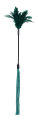 Close-up of the Indica Feather Tickler showing full length, feather tip and teal silicone fringe end