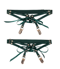Indica Laced Up Garters shown front and back, featuring elastic band and satin ribbon lacing