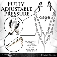 Infographic showing 0.5in clamp opening, 1.5in spikes, and 15in chain length with care tip