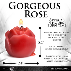 Infographic showing Flaming Rose candle dimensions 2.2 by 2.4 inches with approx 4-hour burn time