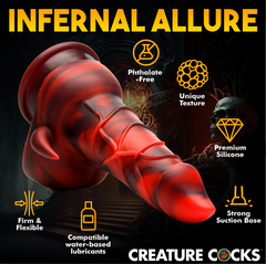 Infographic listing Horny Devil features: phthalate-free silicone, firm yet flexible, suction base