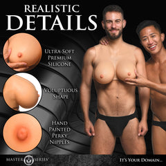 Infographic showing realistic details of G-Cup silicone breast form with two male models