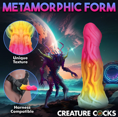 Infographic showing Shape Shifter unique texture close-up and harness-compatible strap-on demonstration