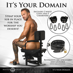Infographic showing sub restraint system with wrist cuffs and lockable waist strap on chair