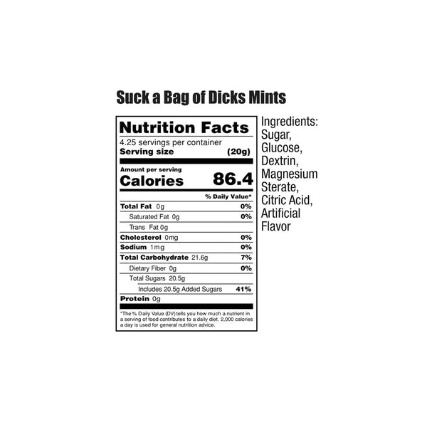 Ingredient panel for Suck a Bag of Dicks Mints listing sugar, glucose, dextrin, and citric acid