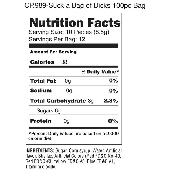 Ingredients panel for novelty shaped candy: sugar, corn syrup, artificial flavors and colors, 12 servings per bag
