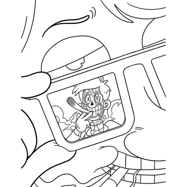 Interior coloring page showing a character viewed through a screen, ready for creative adult coloring
