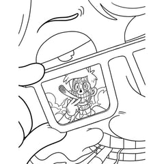 Interior coloring page showing a character viewed through a screen, ready for creative adult coloring