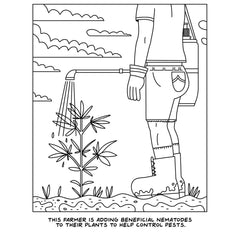Interior coloring page showing farmer watering a cannabis plant with nematode pest control caption